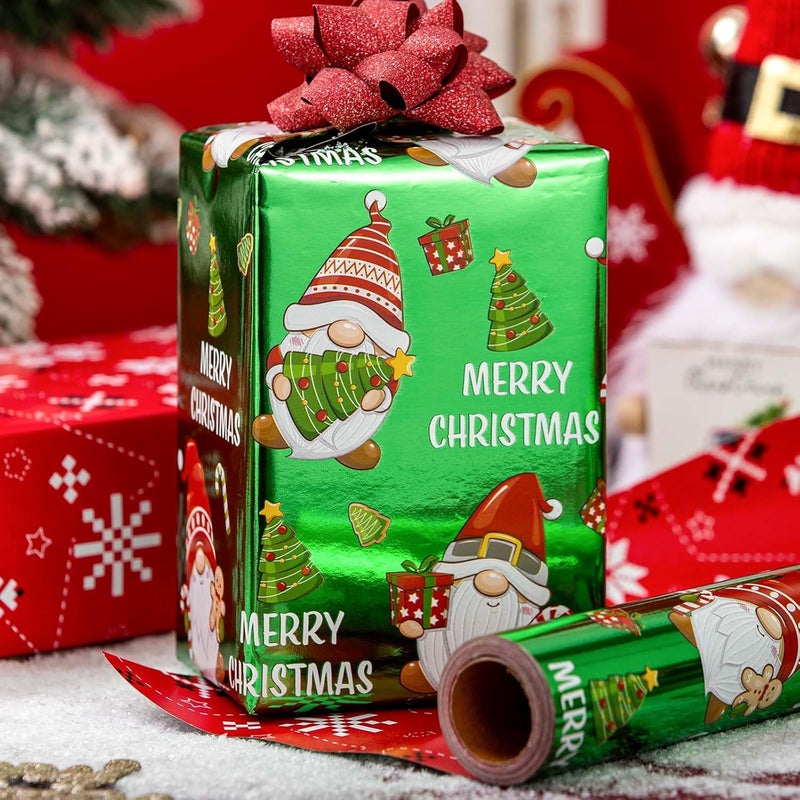 Retrify Christmas Wrapping Paper - 17 Inch x 32.8 Feet Mini Roll - Cute Gnome Snowflake Green Gift Wrap Paper for Holiday Shower Party Celebration - Image 4
